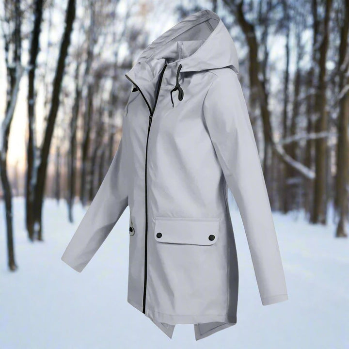 Women's Waterproof Hooded Zip-Up Longline Trench Coat Adjustable Cuffs
