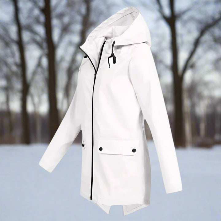 Women's Waterproof Hooded Zip-Up Longline Trench Coat Adjustable Cuffs