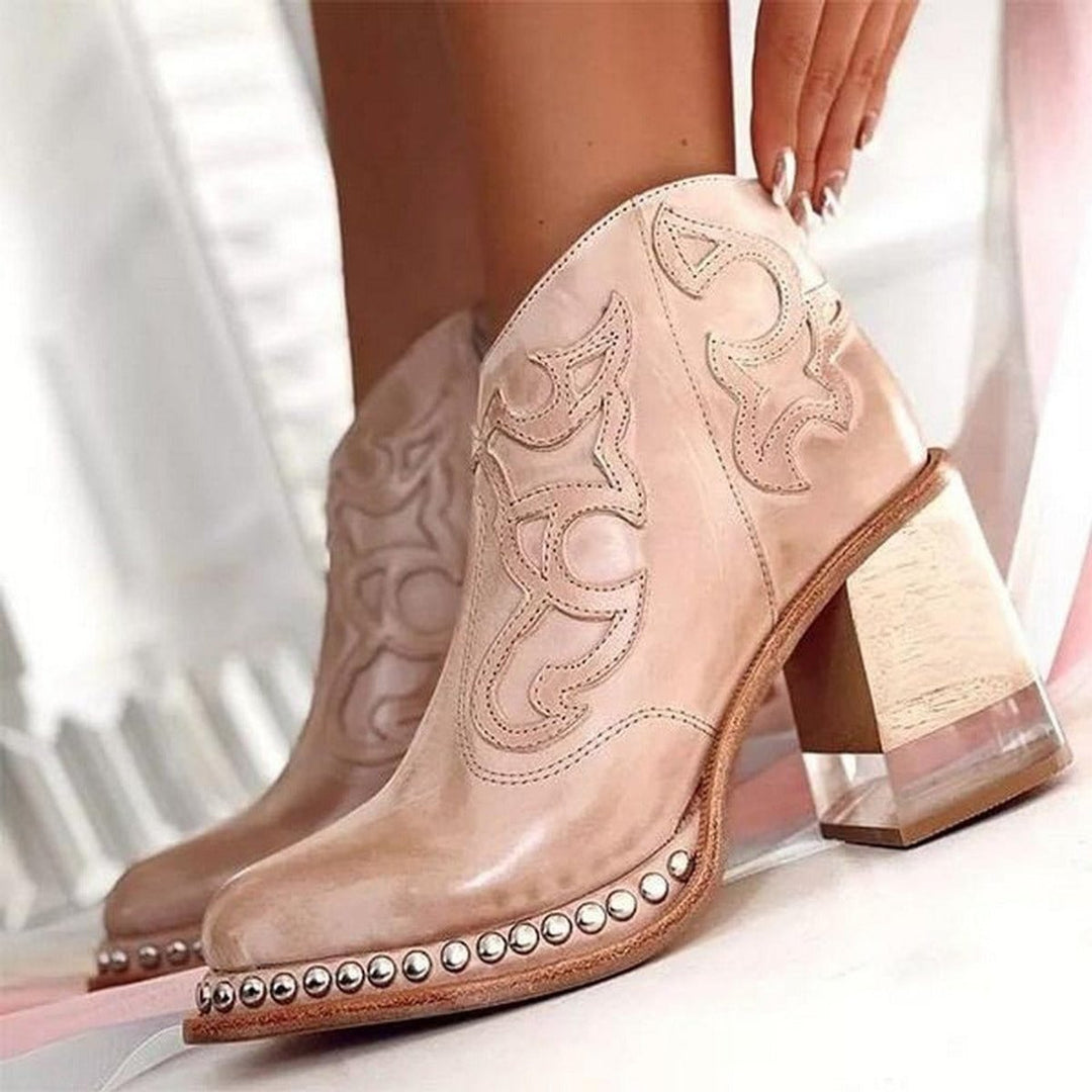 Women's Western Block-Heel Studded Ankle Boots Faux Leather
