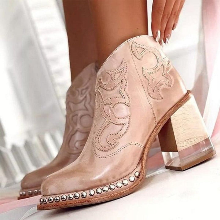 Women's Western Block-Heel Studded Ankle Boots Faux Leather