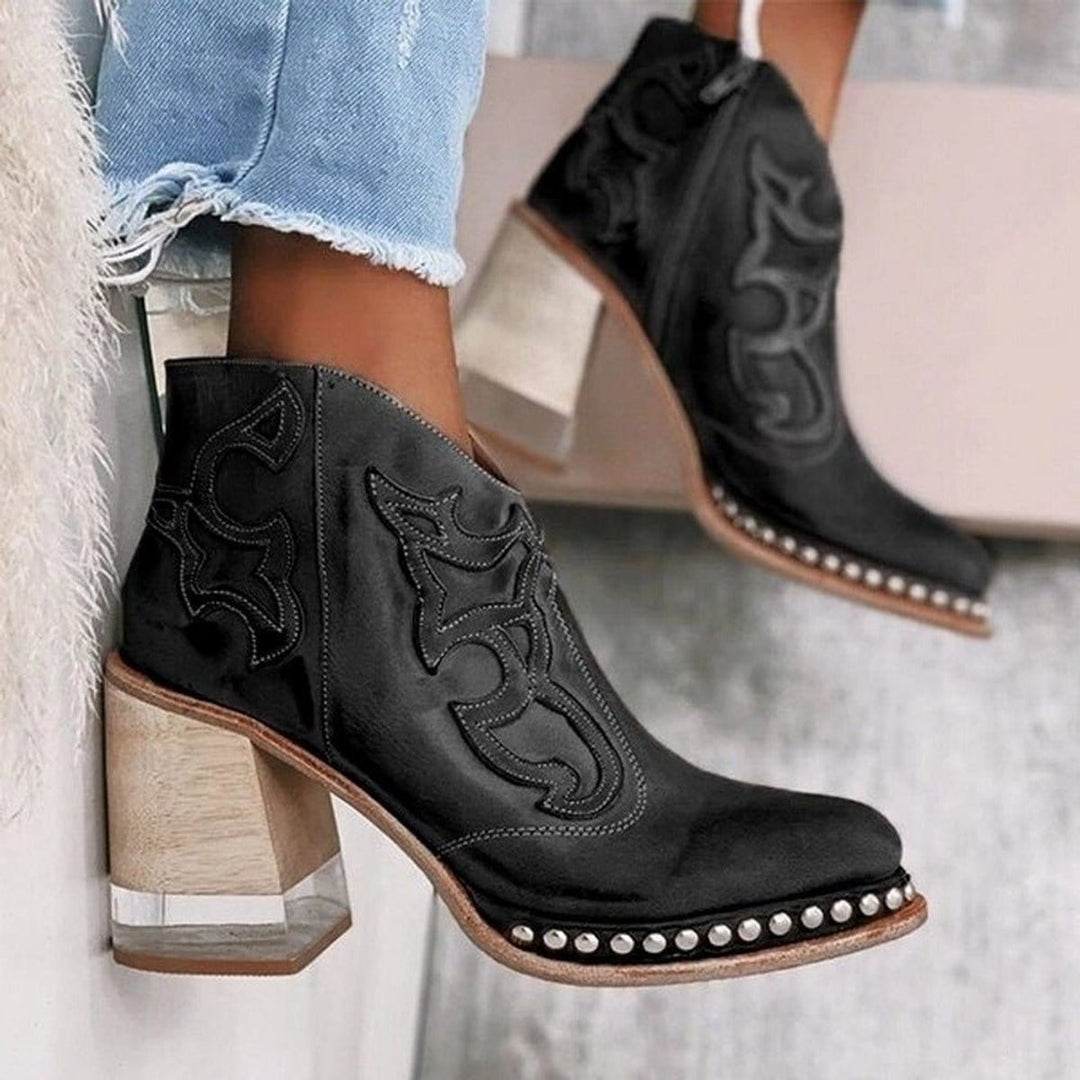 Women's Western Block-Heel Studded Ankle Boots Faux Leather