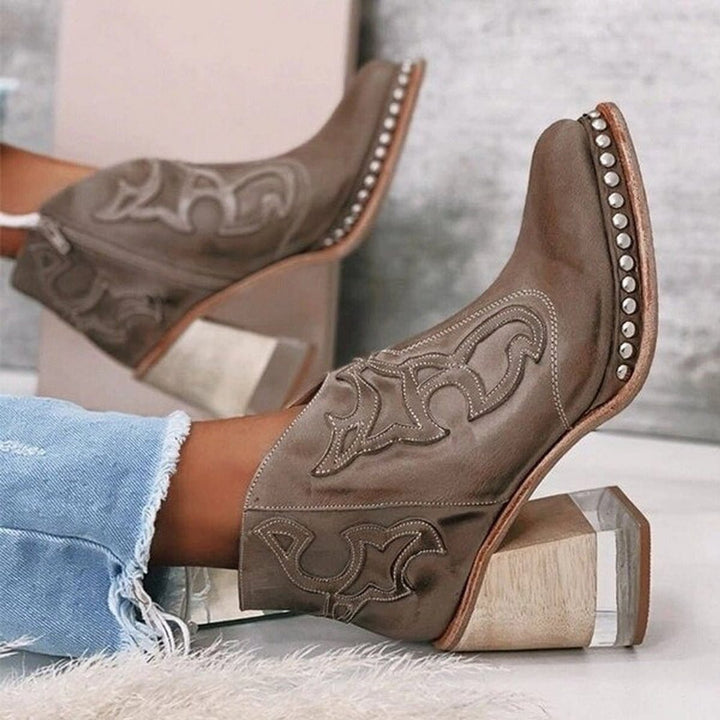 Women's Western Block-Heel Studded Ankle Boots Faux Leather