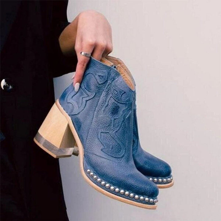 Women's Western Block-Heel Studded Ankle Boots Faux Leather