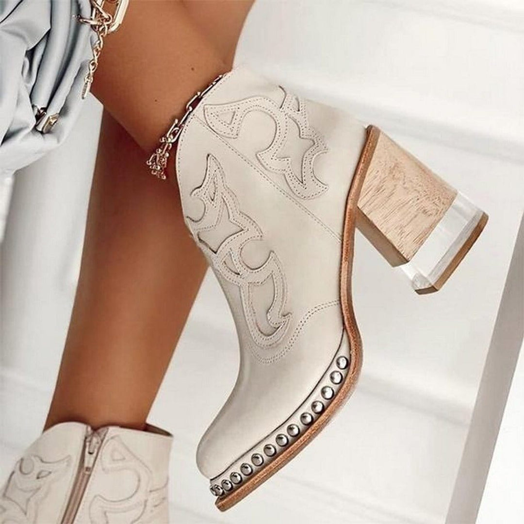 Women's Western Block-Heel Studded Ankle Boots Faux Leather