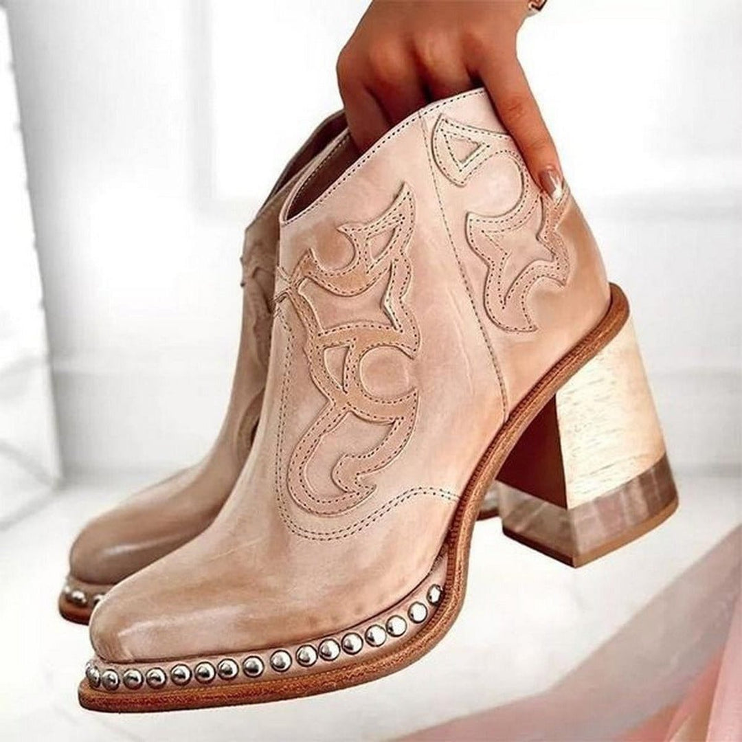 Women's Western Block-Heel Studded Ankle Boots Faux Leather