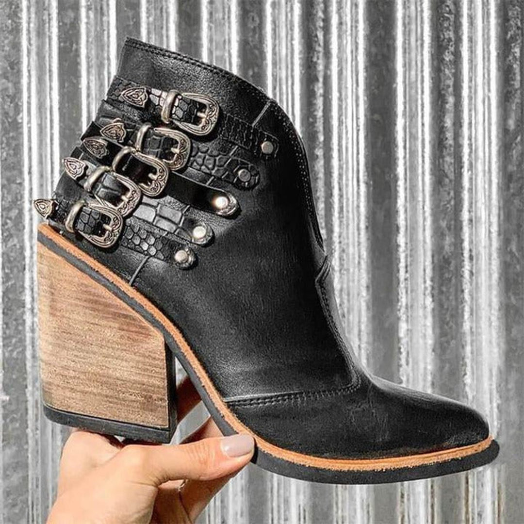 Women's Western Buckle-Strap Block-Heel Ankle Boots
