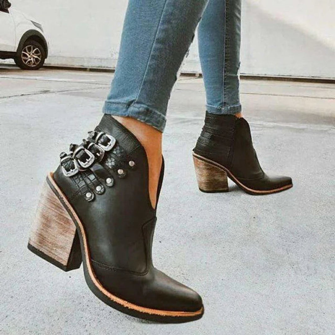 Women's Western Buckle-Strap Block-Heel Ankle Boots