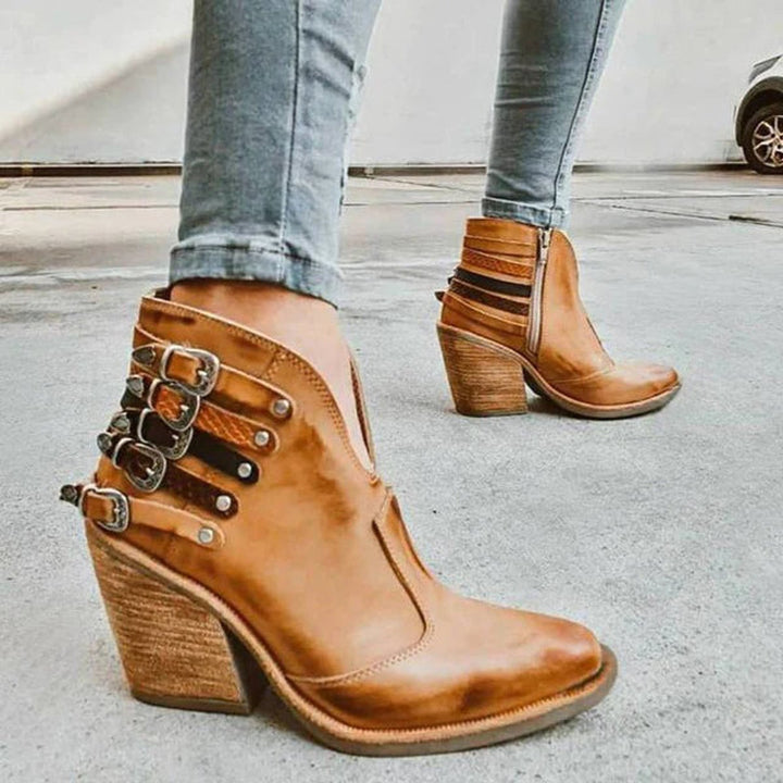 Women's Western Buckle-Strap Block-Heel Ankle Boots