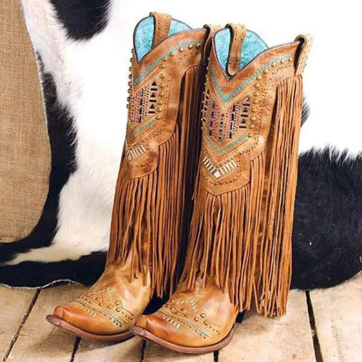 Women's Western Fringe Studded Tall Cowboy Ankle Boots