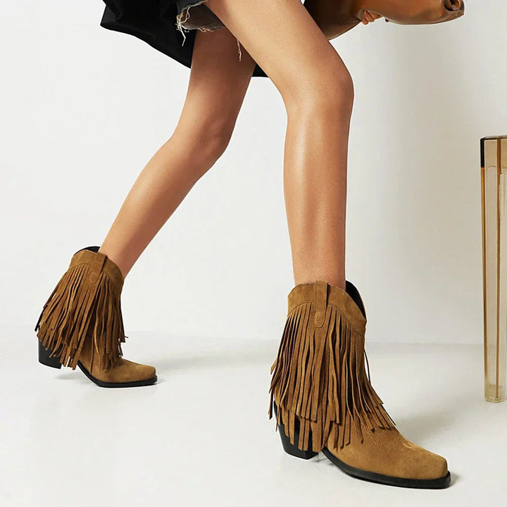Women's Western Fringe Tassel Slip-On Suede Ankle Boots