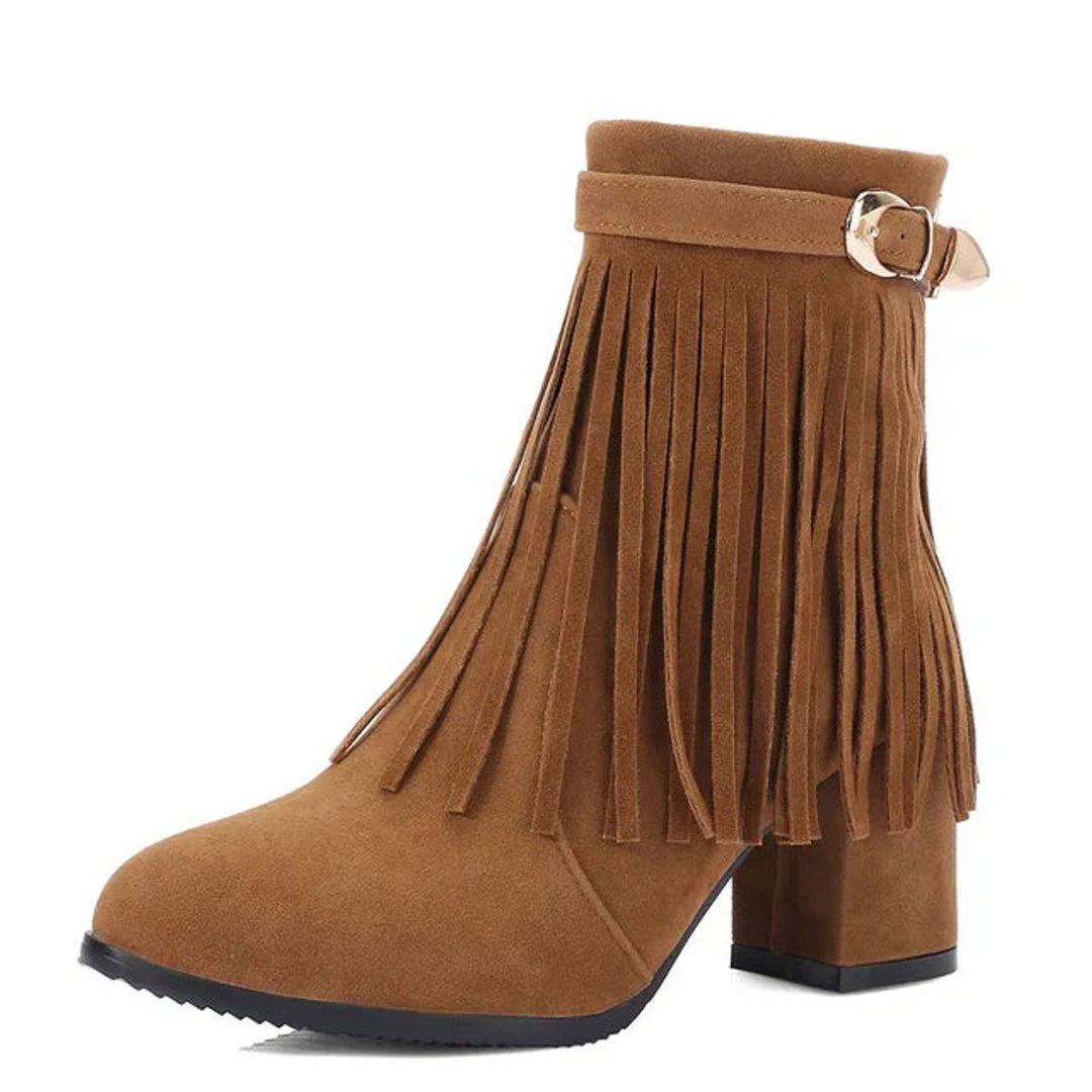 Women's Western Fringe Tassel Slip-On Suede Ankle Boots
