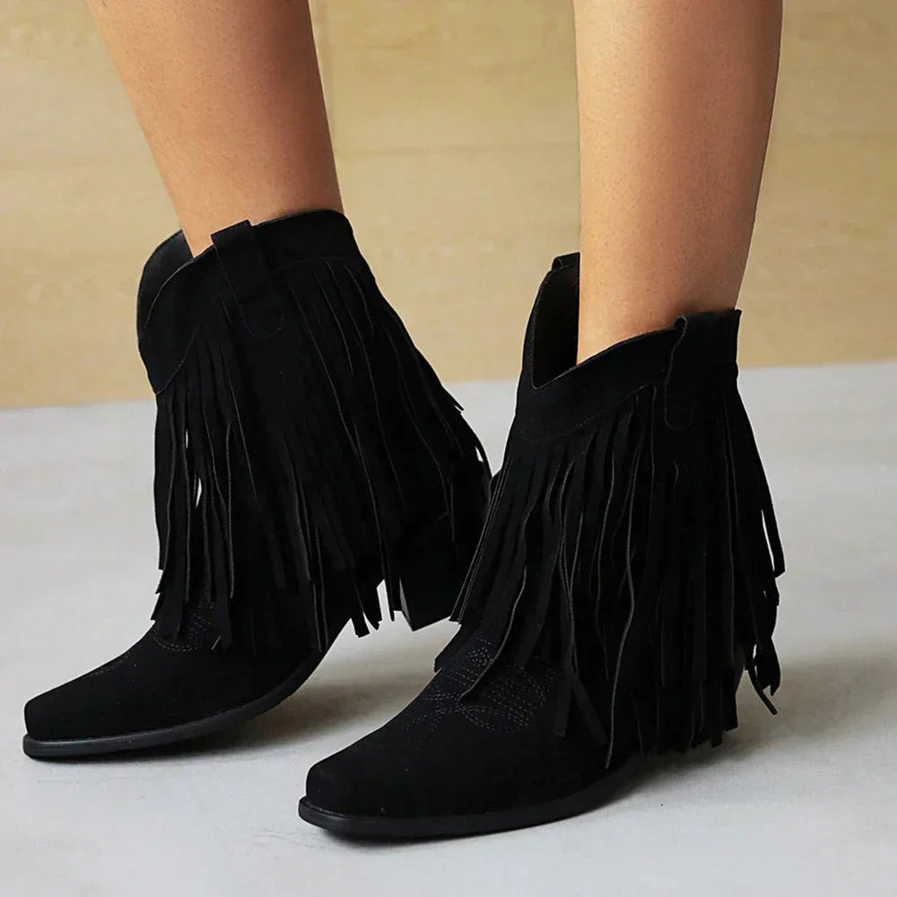 Women's Western Fringe Tassel Slip-On Suede Ankle Boots