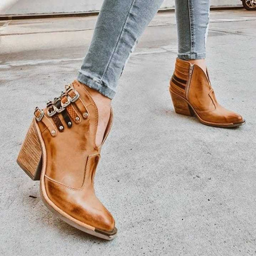 Women's Western-Inspired Buckle-Strap Block-Heel Ankle Boots