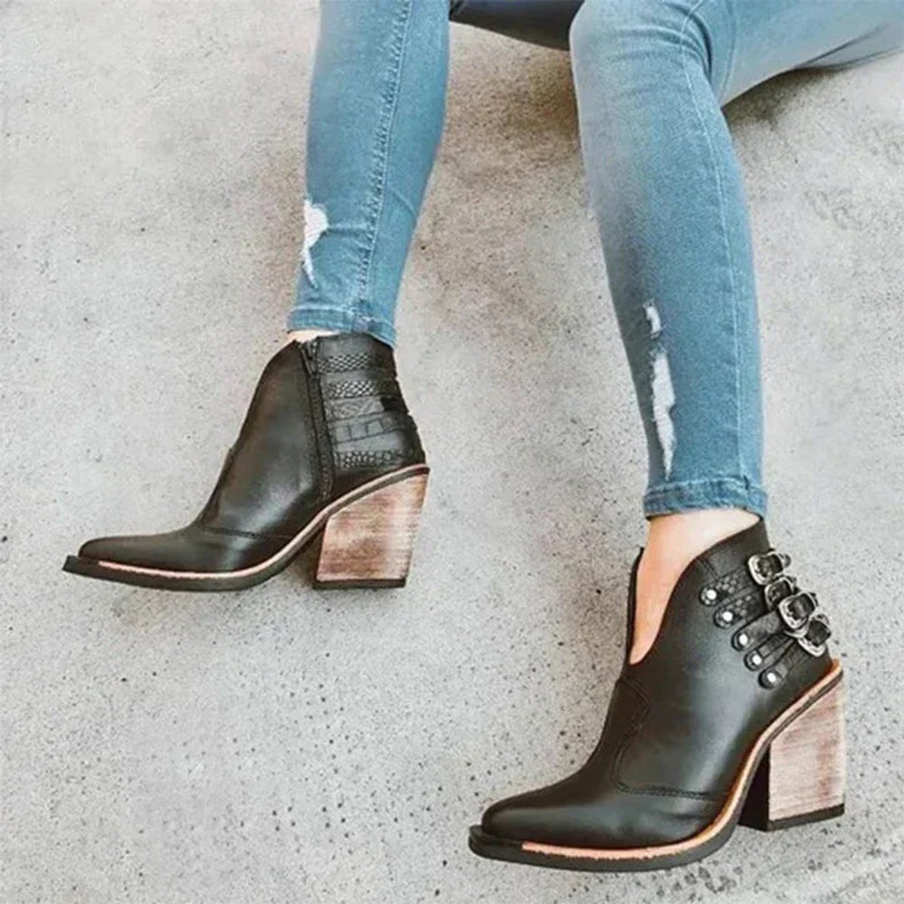 Women's Western-Inspired Buckle-Strap Block-Heel Ankle Boots