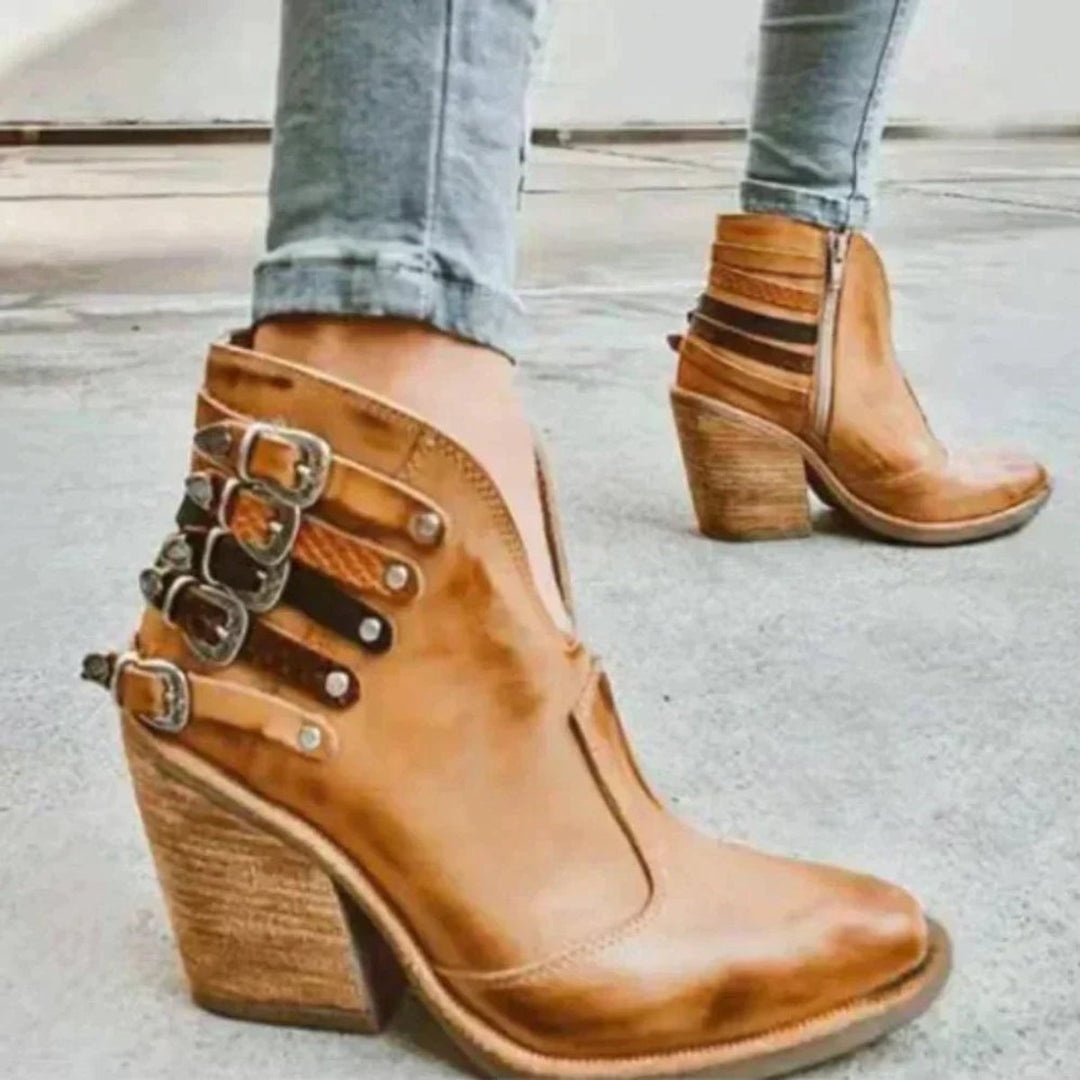 Women's Western-Inspired Buckle-Strap Block-Heel Ankle Boots