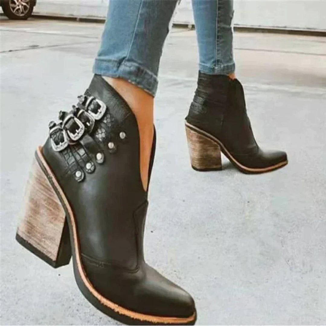Women's Western-Inspired Buckle-Strap Block-Heel Ankle Boots