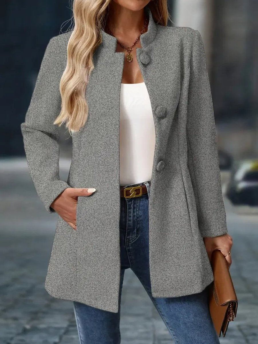 Women's Wool Blend Stand Collar Trench Coat Mid-Length Overcoat - Grey