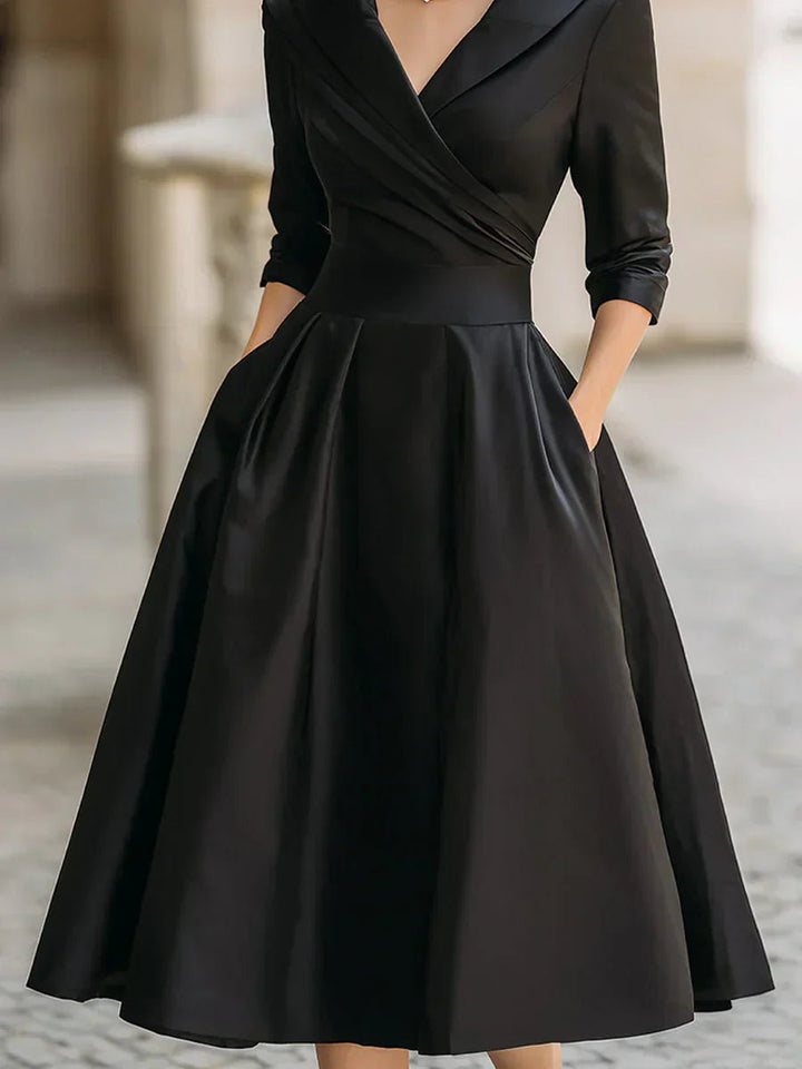 Women's Wrap-Bodice A-Line Midi Formal Dress Notch-Collar Hidden Pockets