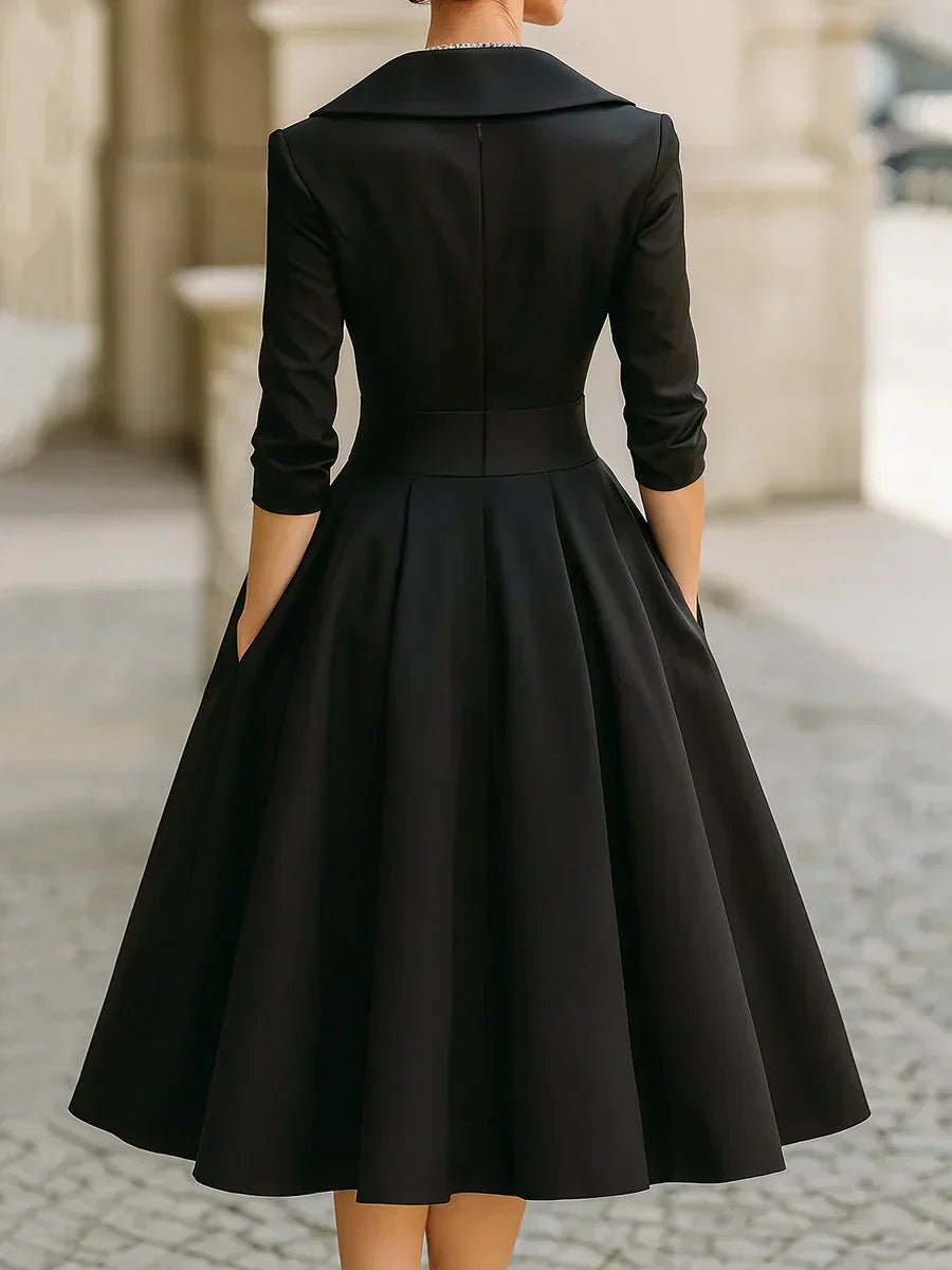 Women's Wrap-Bodice A-Line Midi Formal Dress Notch-Collar Hidden Pockets