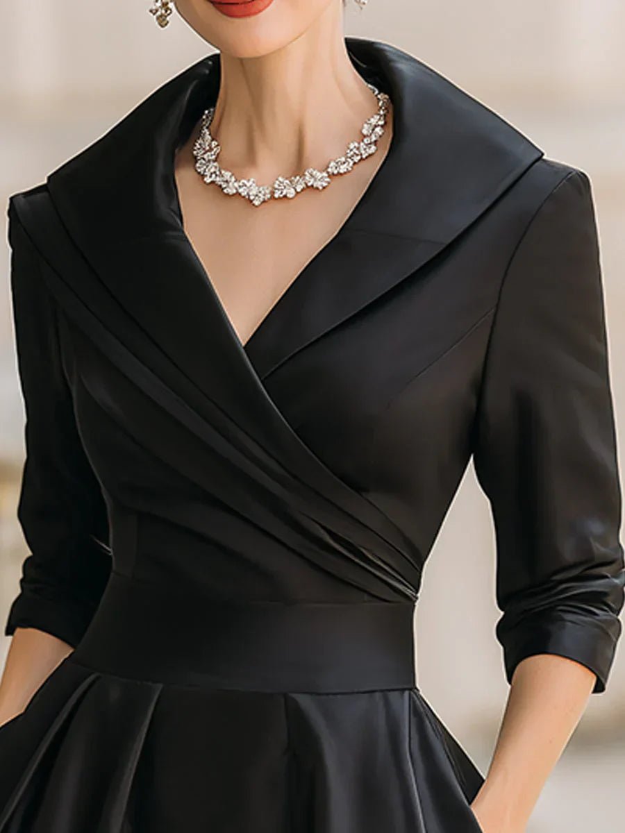 Women's Wrap-Bodice A-Line Midi Formal Dress Notch-Collar Hidden Pockets