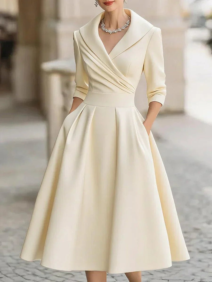 Women's Wrap-Bodice A-Line Midi Formal Dress Notch-Collar Hidden Pockets