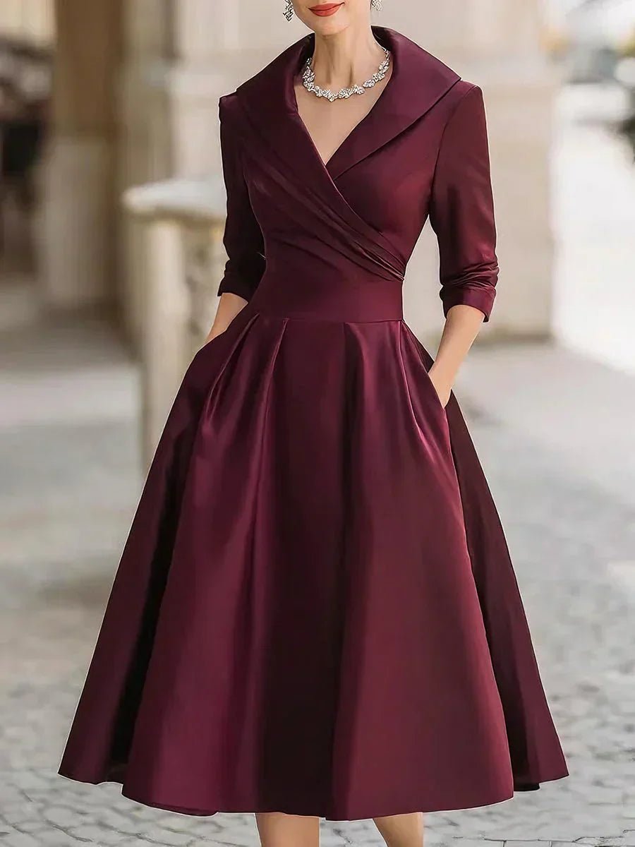 Women's Wrap-Bodice A-Line Midi Formal Dress Notch-Collar Hidden Pockets