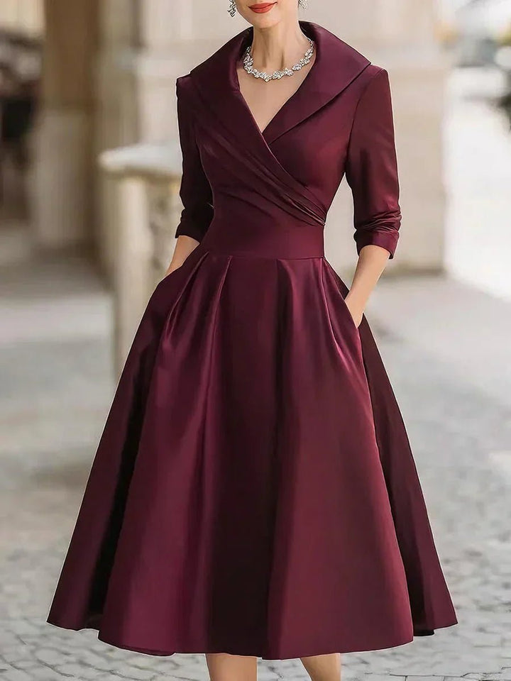 Women's Wrap-Bodice A-Line Midi Formal Dress Notch-Collar Hidden Pockets