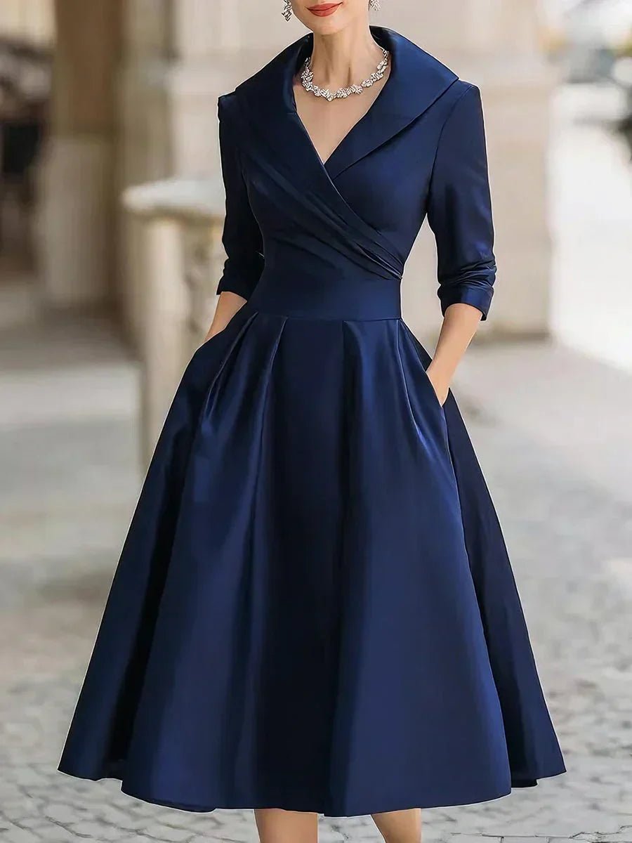 Women's Wrap-Bodice A-Line Midi Formal Dress Notch-Collar Hidden Pockets