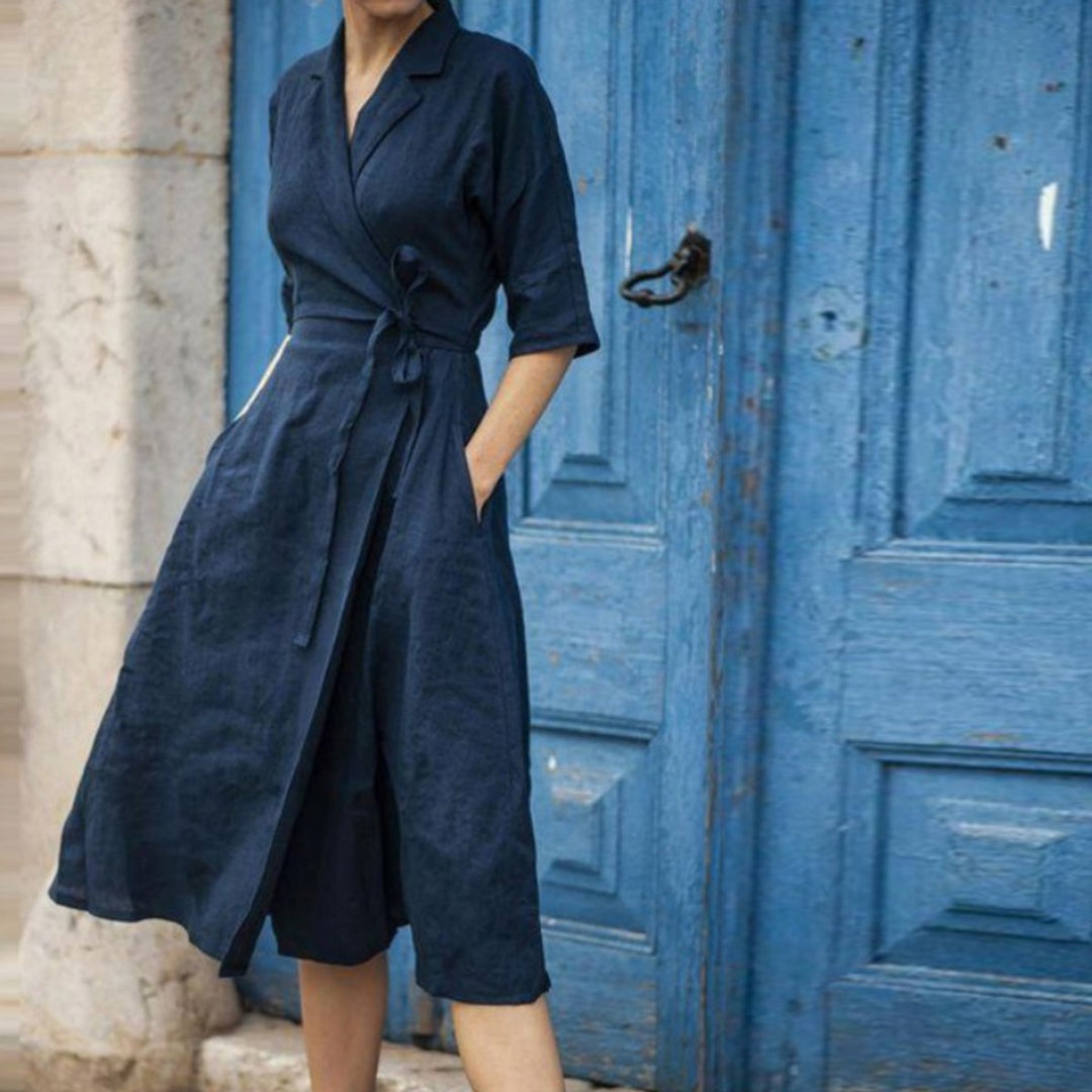 Women's Wrap-Style Belted Linen Fall Midi Dress