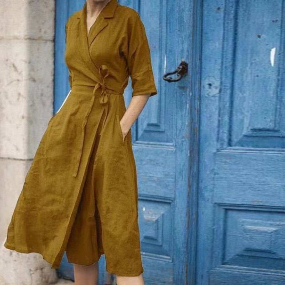 Women's Wrap-Style Belted Linen Fall Midi Dress