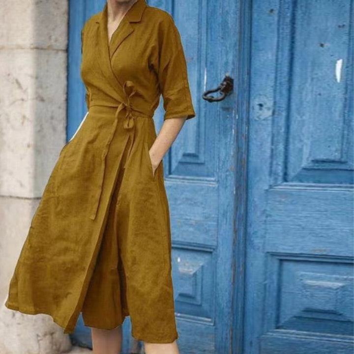 Women's Wrap-Style Belted Linen Fall Midi Dress