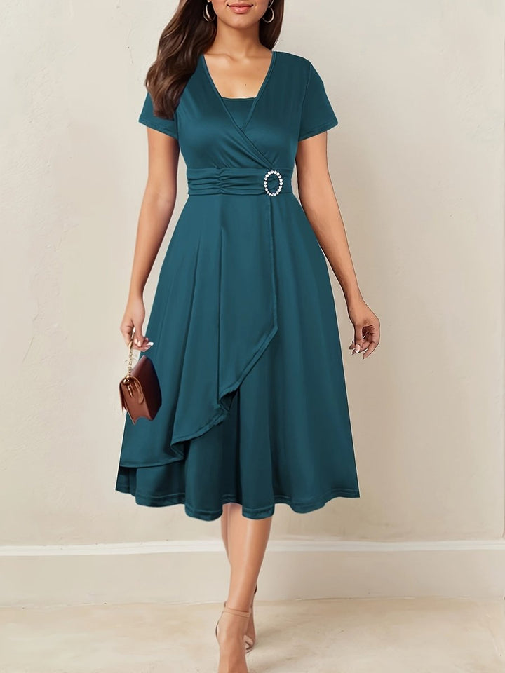 Women's Wrap-Style Ruched-Waist Midi Formal Dress