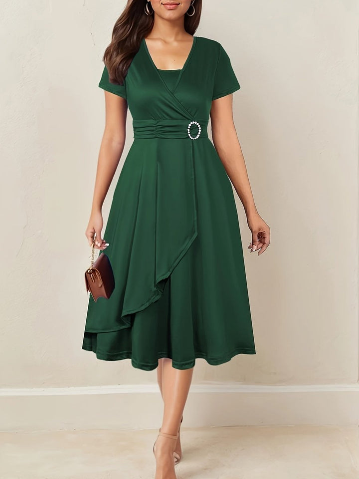 Women's Wrap-Style Ruched-Waist Midi Formal Dress
