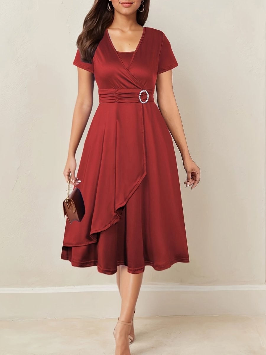Women's Wrap-Style Ruched-Waist Midi Formal Dress