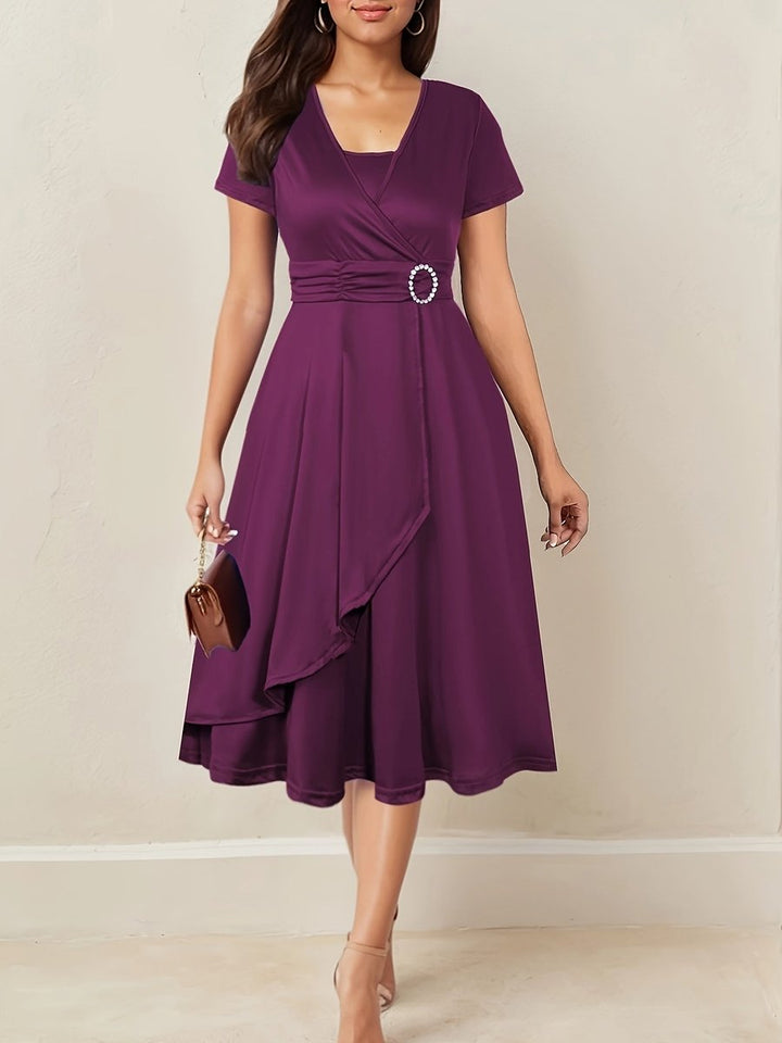 Women's Wrap-Style Ruched-Waist Midi Formal Dress