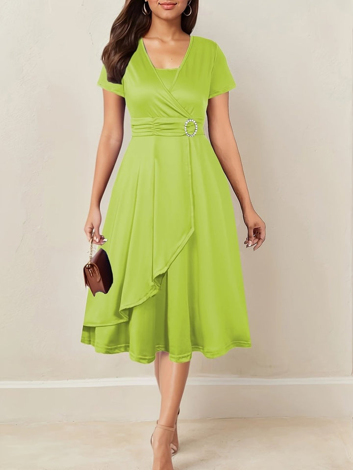 Women's Wrap-Style Ruched-Waist Midi Formal Dress