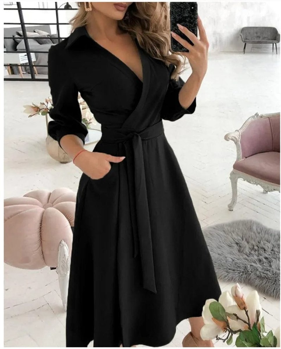 Women's Wrap V-Neck Belted A-Line Fall Midi Dress Long Sleeve
