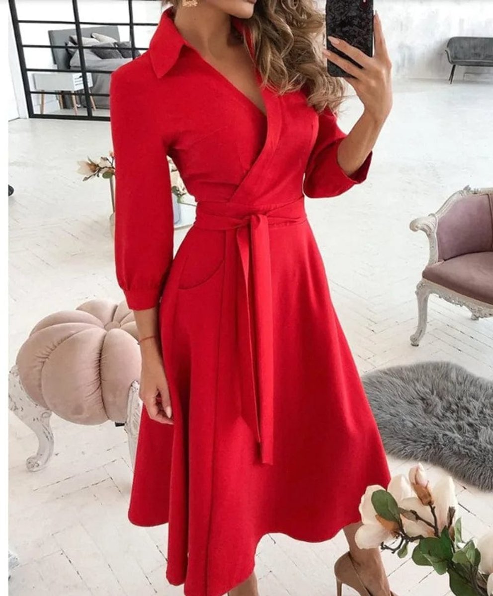 Women's Wrap V-Neck Belted A-Line Fall Midi Dress Long Sleeve
