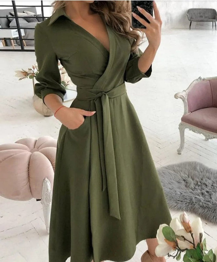 Women's Wrap V-Neck Belted A-Line Fall Midi Dress Long Sleeve