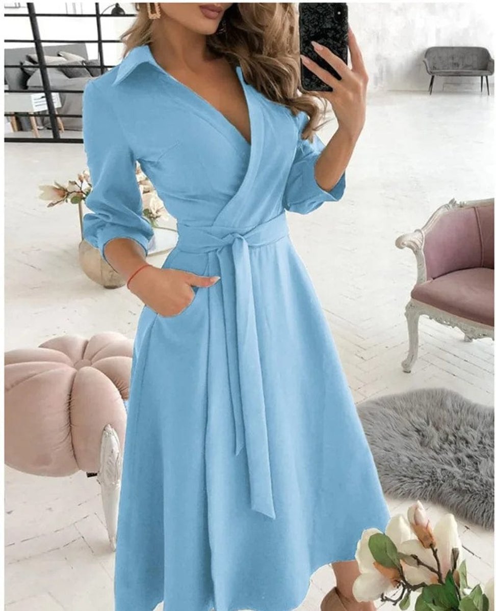 Women's Wrap V-Neck Belted A-Line Fall Midi Dress Long Sleeve