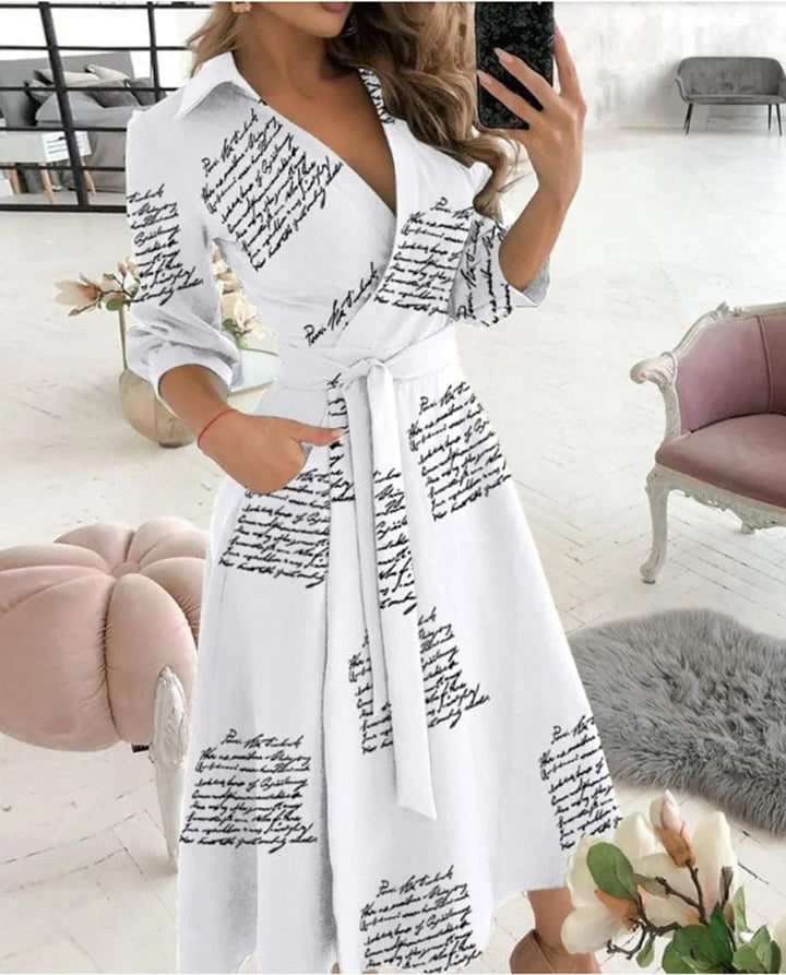 Women's Wrap V-Neck Belted A-Line Fall Midi Dress Long Sleeve