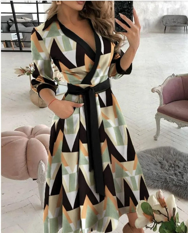 Women's Wrap V-Neck Belted A-Line Fall Midi Dress Long Sleeve