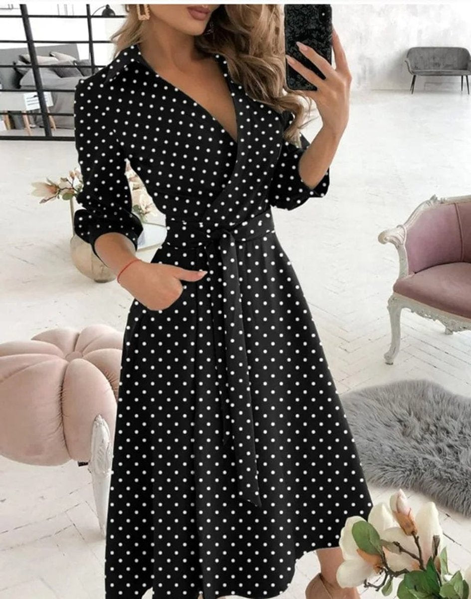 Women's Wrap V-Neck Belted A-Line Fall Midi Dress Long Sleeve