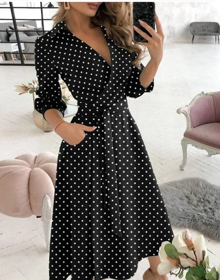 Women's Wrap V-Neck Belted A-Line Fall Midi Dress Long Sleeve