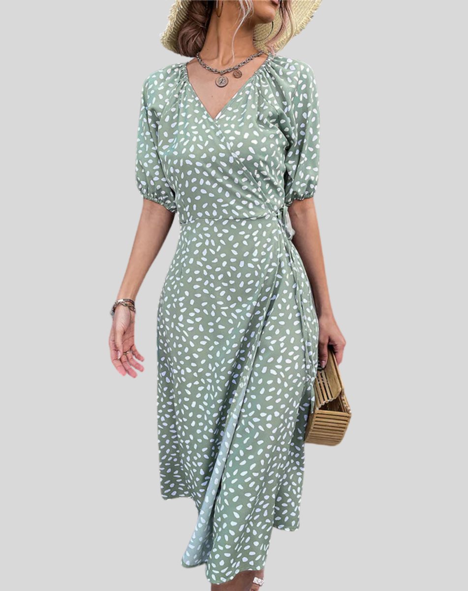 Women's Wrap V-Neck Spotted Fall Midi Dress Puff Sleeve