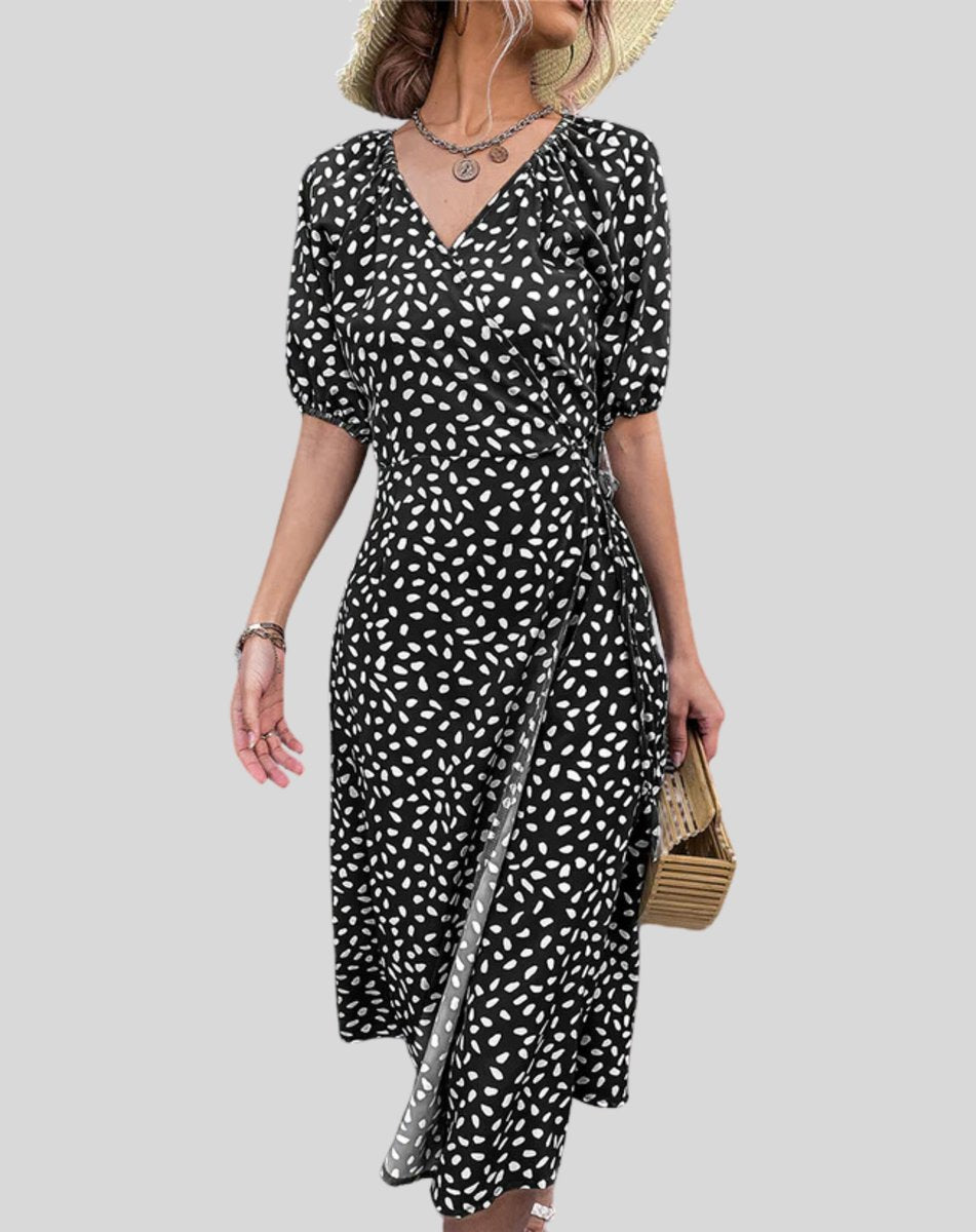 Women's Wrap V-Neck Spotted Fall Midi Dress Puff Sleeve