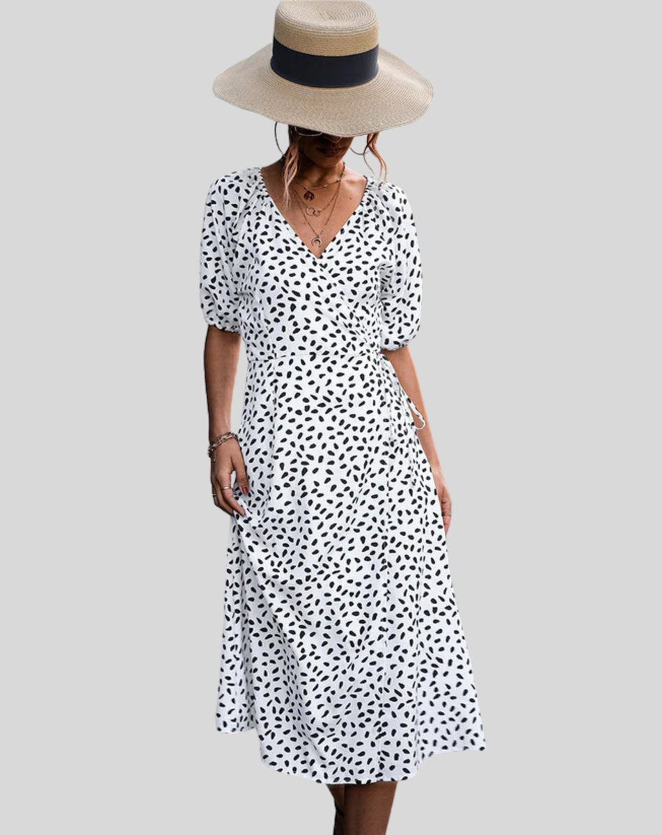 Women's Wrap V-Neck Spotted Fall Midi Dress Puff Sleeve