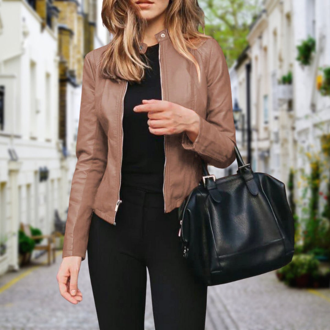 Women's Zip-Up Collarless Faux Leather Biker Jacket